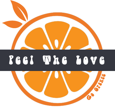 Promotional graphic of an orange sliced in half with bold text across the center reading "Peel the Love." Curved text around the orange says "Go Orange." Brand-themed artwork for Coey's Closet.